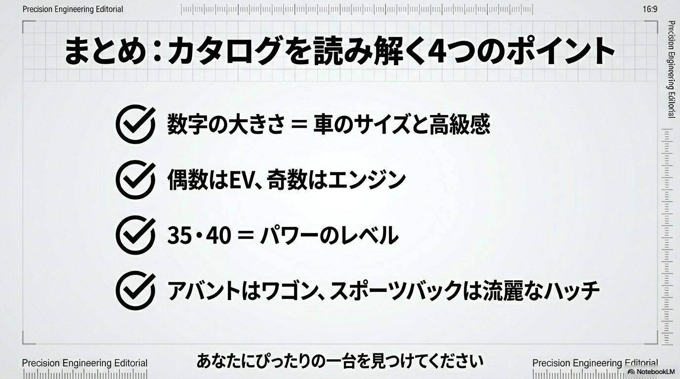 車格、EVとエンジンの見分け、パワーレベル、ボディ形状の4点をまとめたアウディ車種ガイドの総括