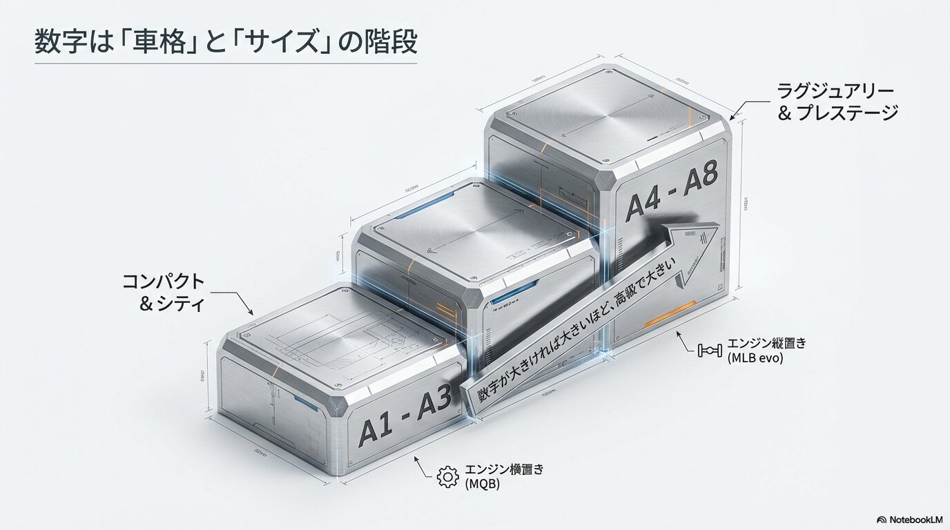アウディA1からA8の数字が示すサイズ(車格)と、MQB・MLB evoプラットフォームの違いを解説した図解