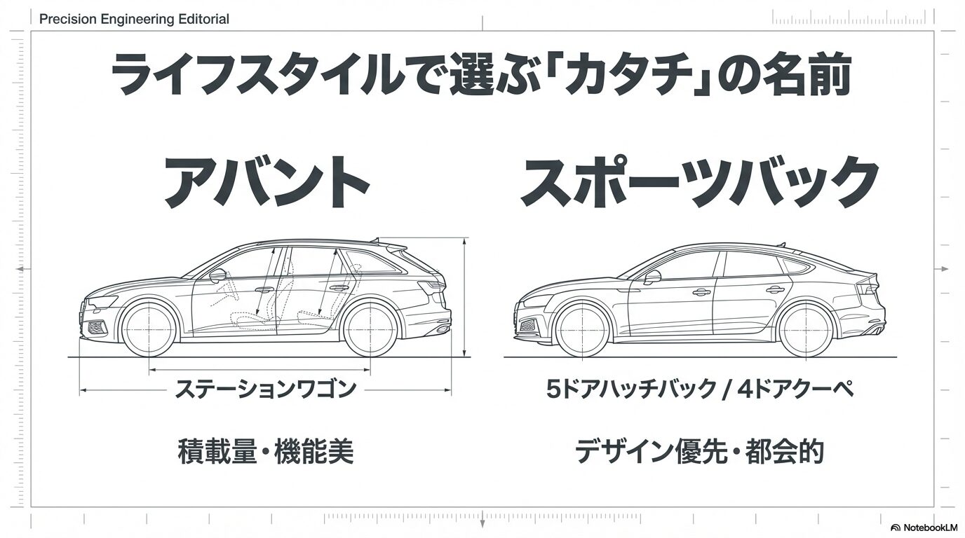 アウディ独自のボディ形状であるアバント(ワゴン)とスポーツバック(ハッチバック・クーペ)の図解と特徴