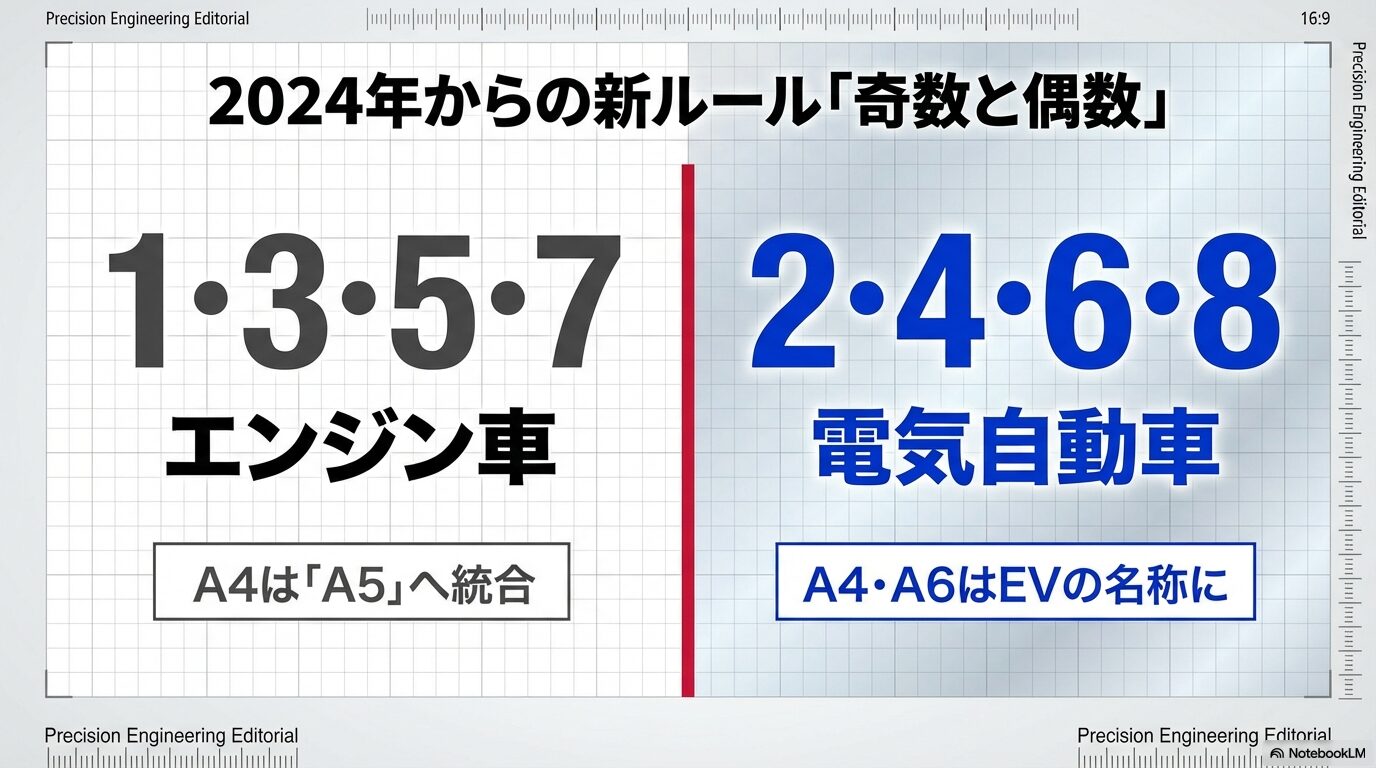 アウディの新しい命名規則である、奇数モデルがエンジン車、偶数モデルが電気自動車を指すルールの図解