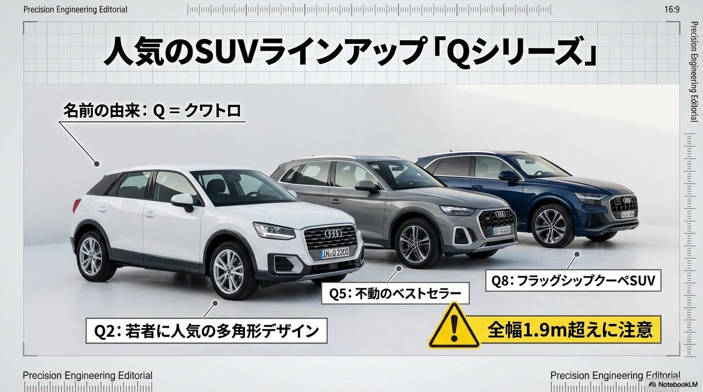 Q2、Q5、Q8などアウディの人気SUVモデルそれぞれの特徴と注意点をまとめたスライド