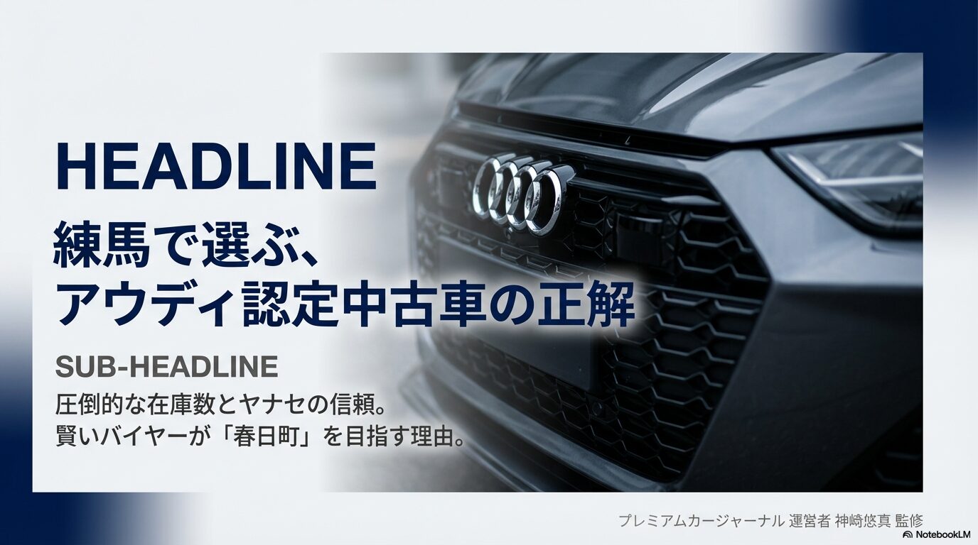 プレミアムカージャーナル監修のアウディ認定中古車選びの正解と、在庫数・ヤナセの信頼を解説するアイキャッチスライド。