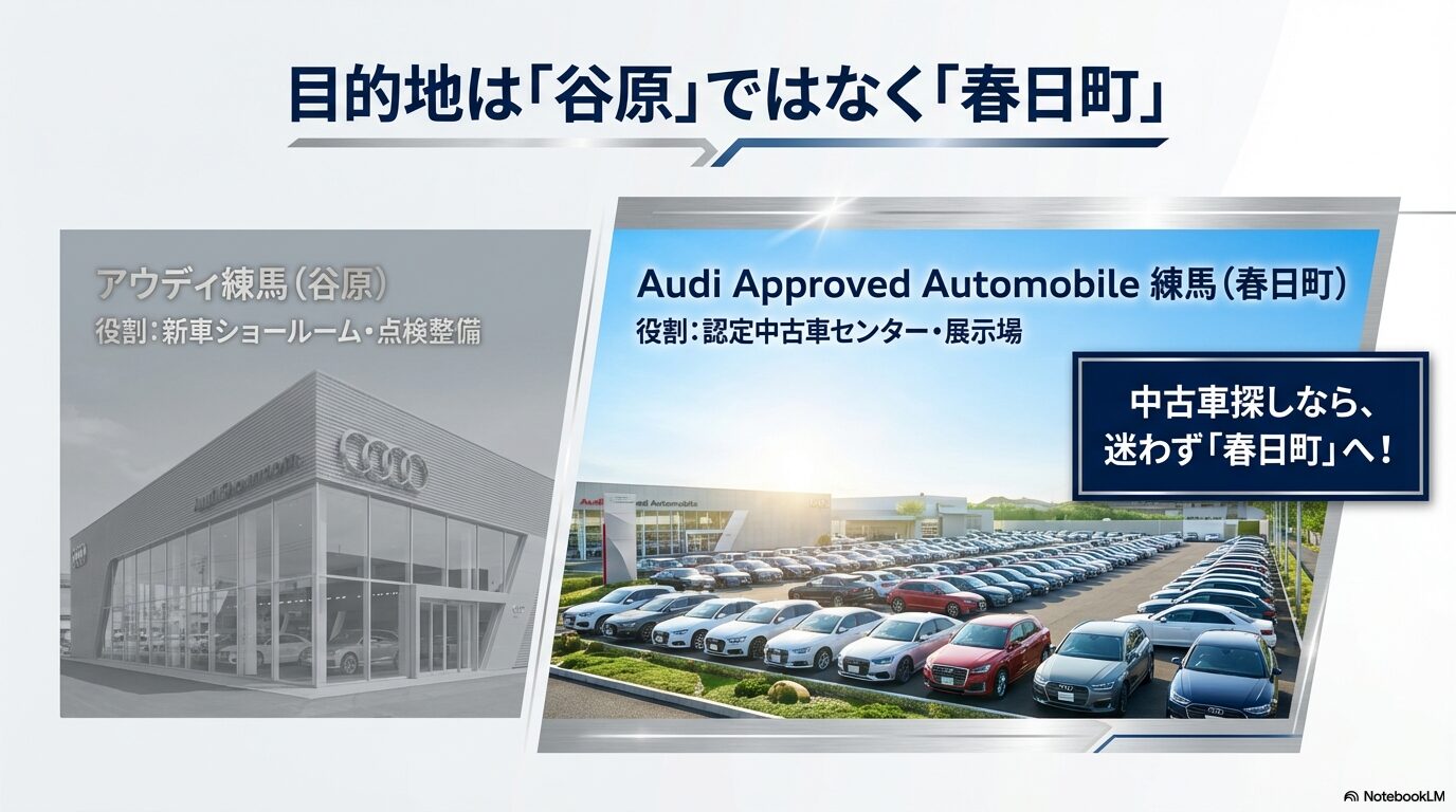 新車販売・整備を担うアウディ練馬(谷原)と、認定中古車センターであるAAA練馬(春日町)の役割の違いを説明するスライド。