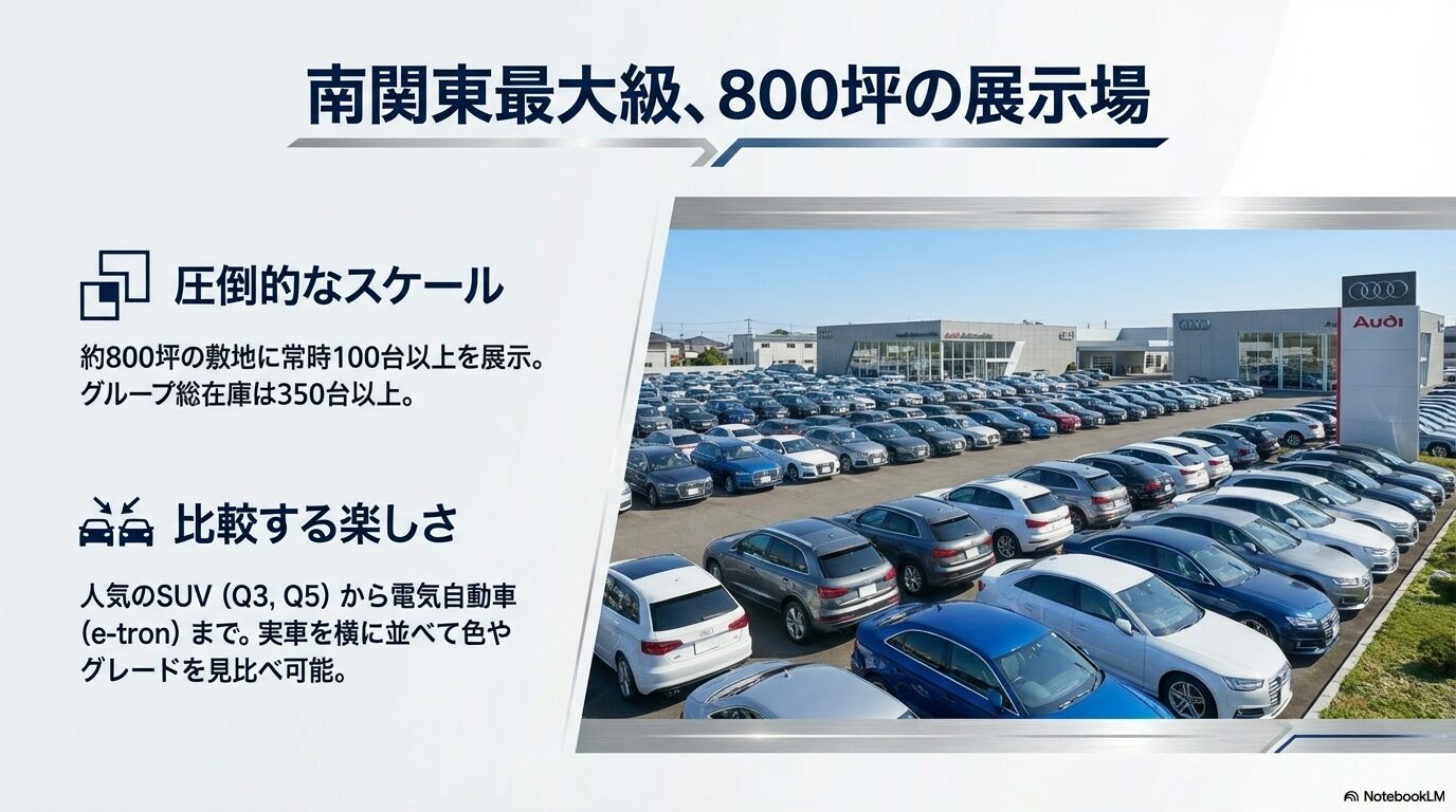約800坪の敷地に常時100台以上を展示する、南関東最大級のアウディ認定中古車展示場の様子。