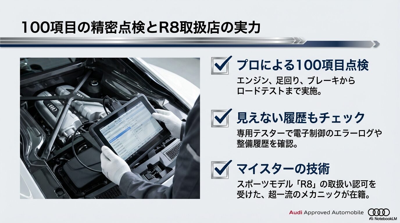 専用テスターを使用した100項目の精密点検と、スポーツモデルR8の取扱い認可を受けた一流メカニックによる整備。