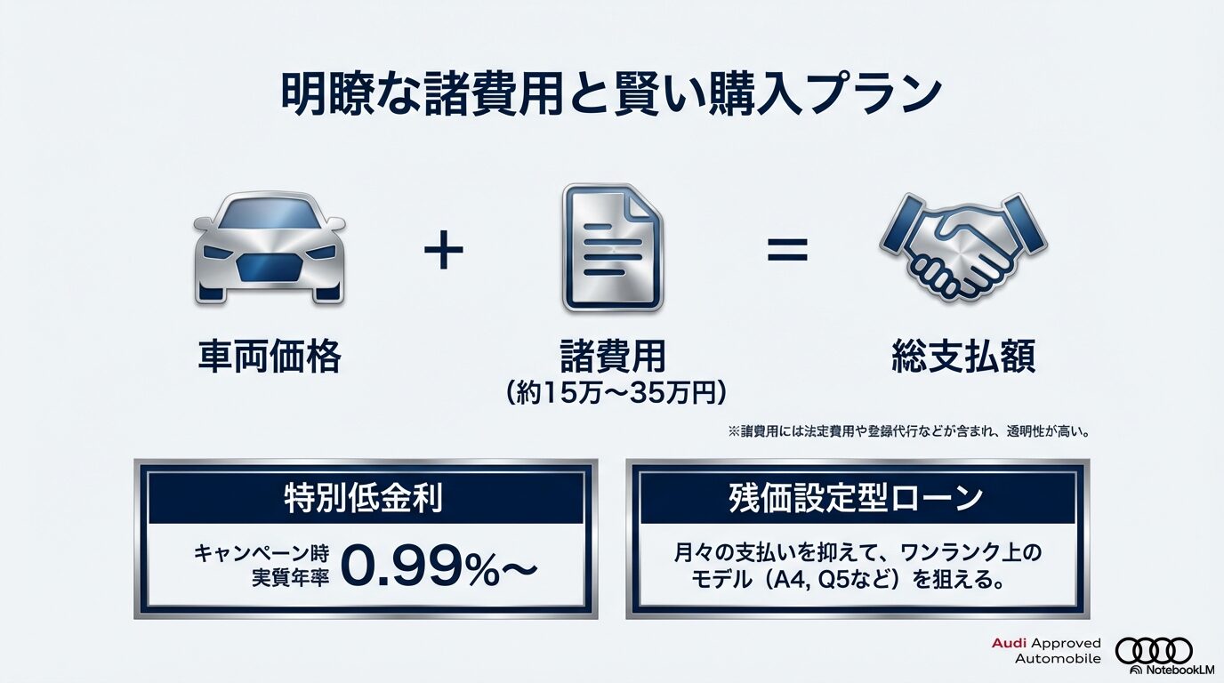 透明性の高い諸費用の内訳と、実質年率0.99%からの特別低金利ローン、残価設定型ローンの解説。