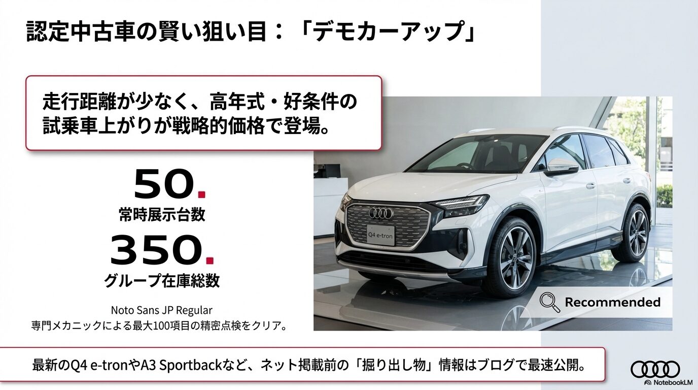 認定中古車の狙い目であるデモカーアップの紹介と、常時50台展示、グループ350台の在庫規模を示すスライド