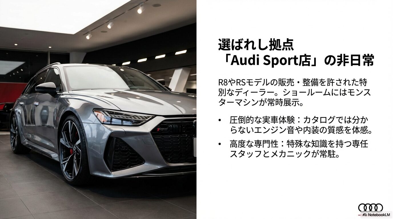 アウディスポーツ認定店としての特別な実車体験や高度な専門性について解説するスライド