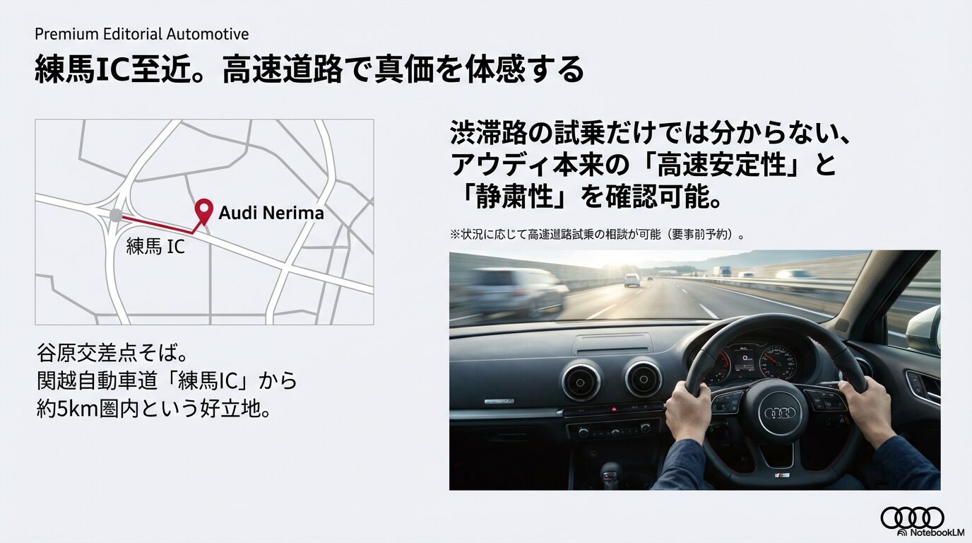 練馬IC至近の立地と高速道路での試乗による静粛性・安定性の体感を推奨するマップスライド