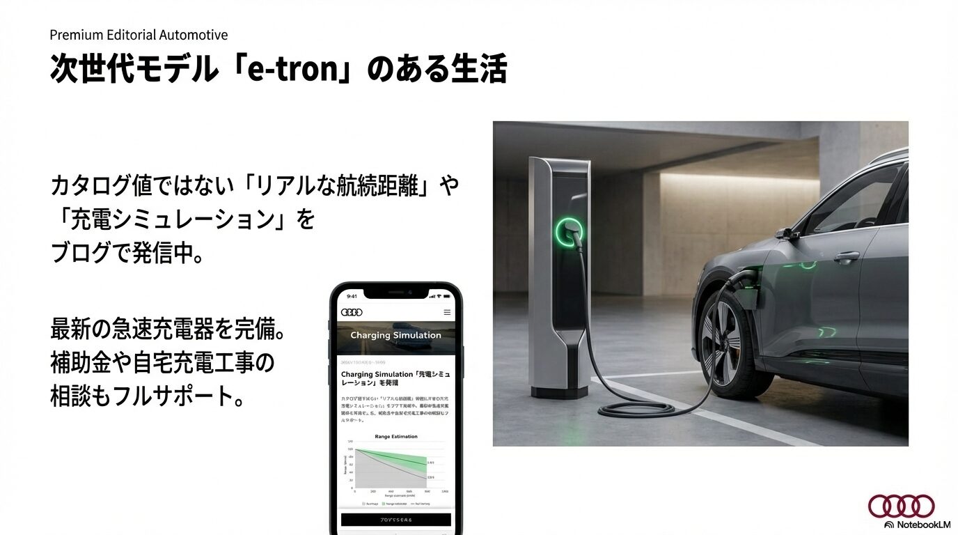 電気自動車e-tronのリアルな航続距離や充電シミュレーション、補助金サポートについて説明するスライド