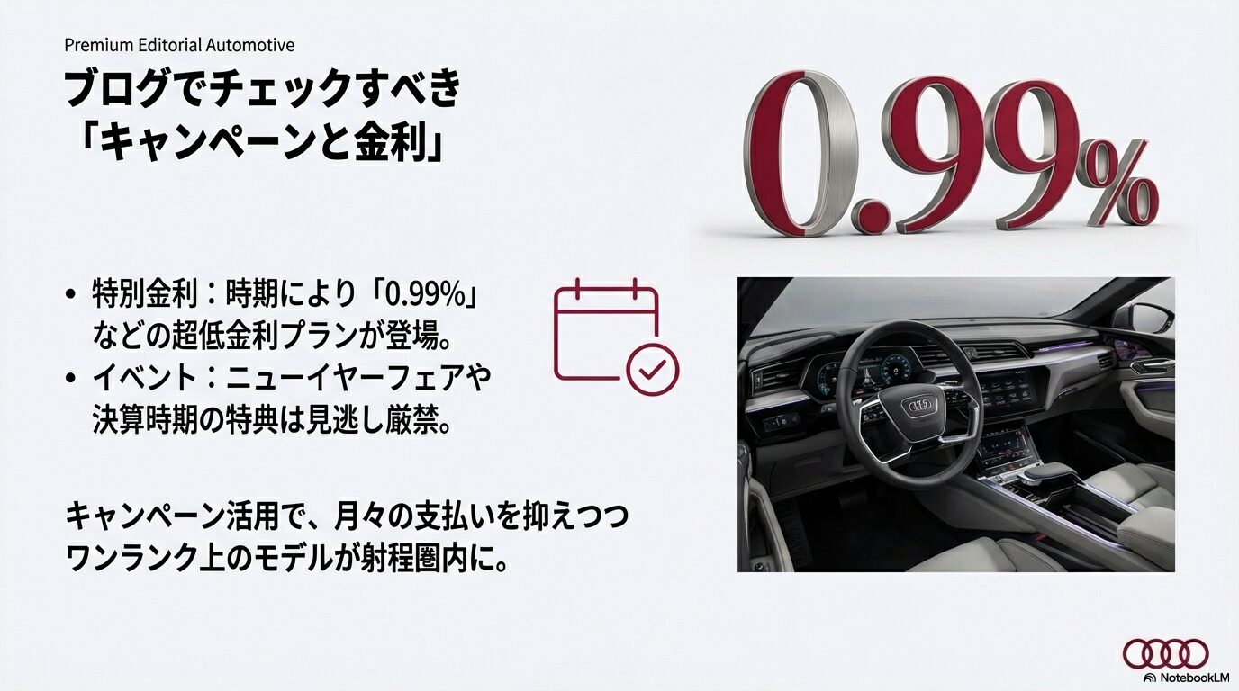 ブログでチェックすべき0.99%などの特別金利プランや決算時期の特典活用を促すスライド