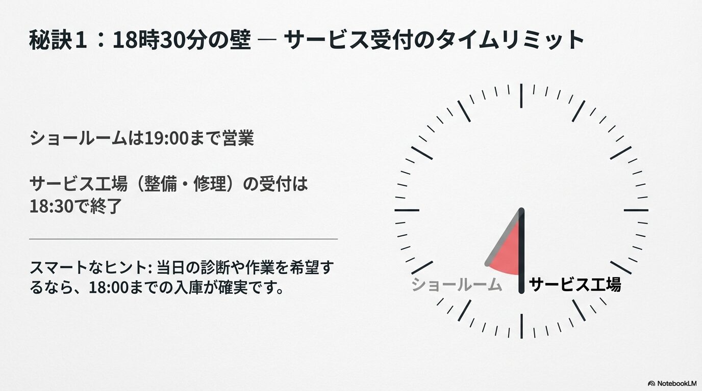 アウディ練馬のショールームは19時まで、サービス工場は18時30分までの営業時間を表す時計のイラスト