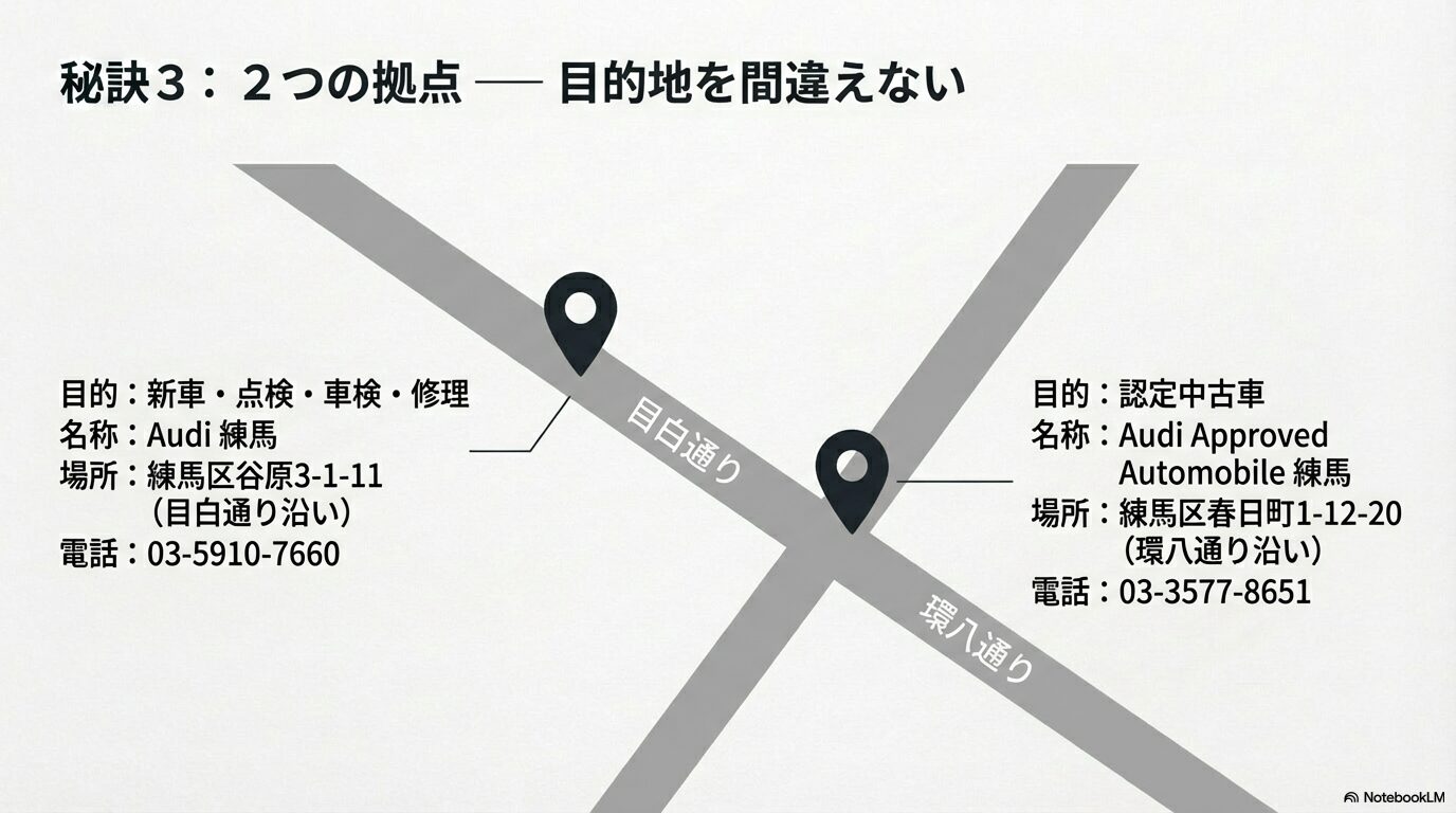 新車・点検のAudi練馬と認定中古車のAudi Approved Automobile練馬の場所と目的の違い