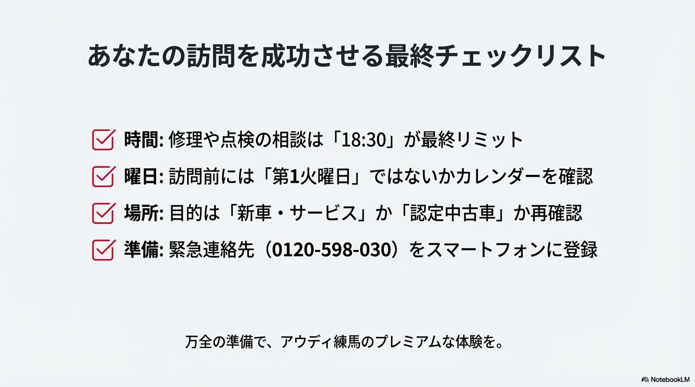 アウディ練馬を訪問する前に確認すべき時間、曜日、場所、準備のチェックリスト