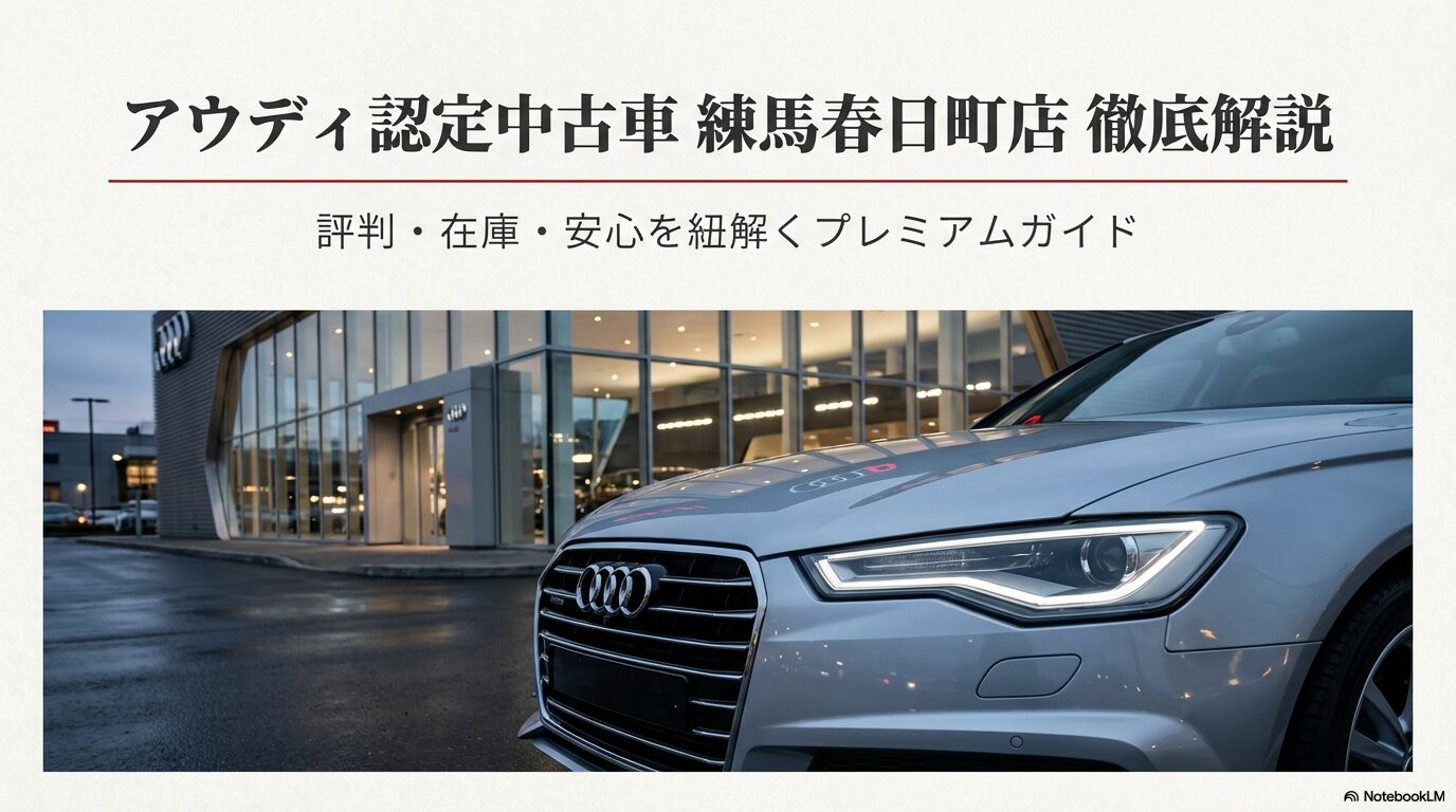 アウディ認定中古車 練馬春日町店の評判、在庫、安心についてまとめたスライドの表紙画像。