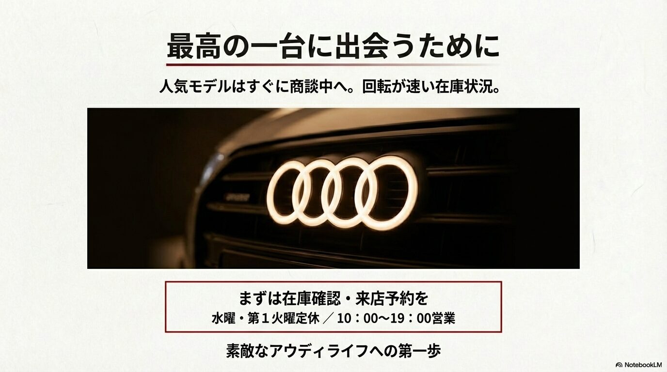 在庫の回転が速いため早めの在庫確認や来店予約を推奨し、店舗の営業時間や定休日を案内するまとめのスライド。