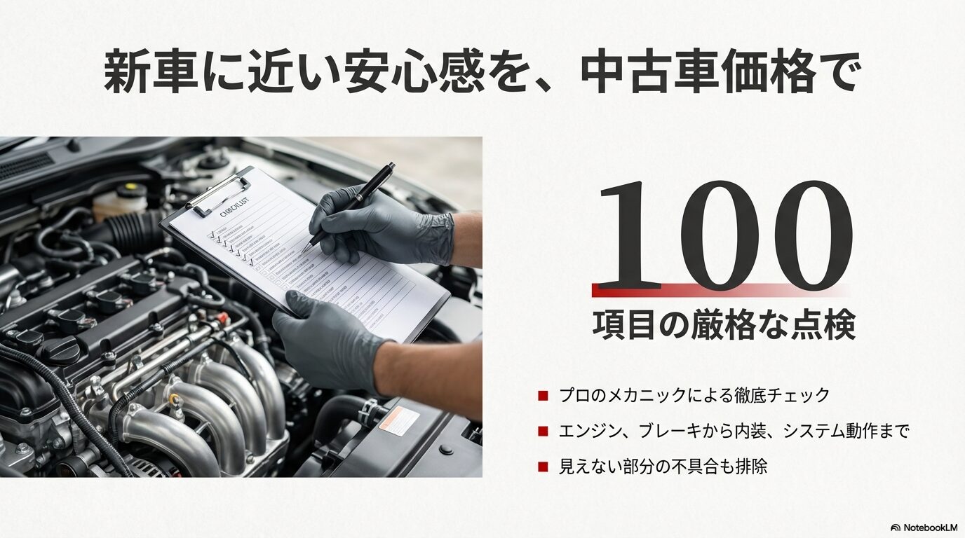 プロのメカニックがエンジンやブレーキ、内装まで100項目にわたる厳格な点検を行っている様子を示すスライド。