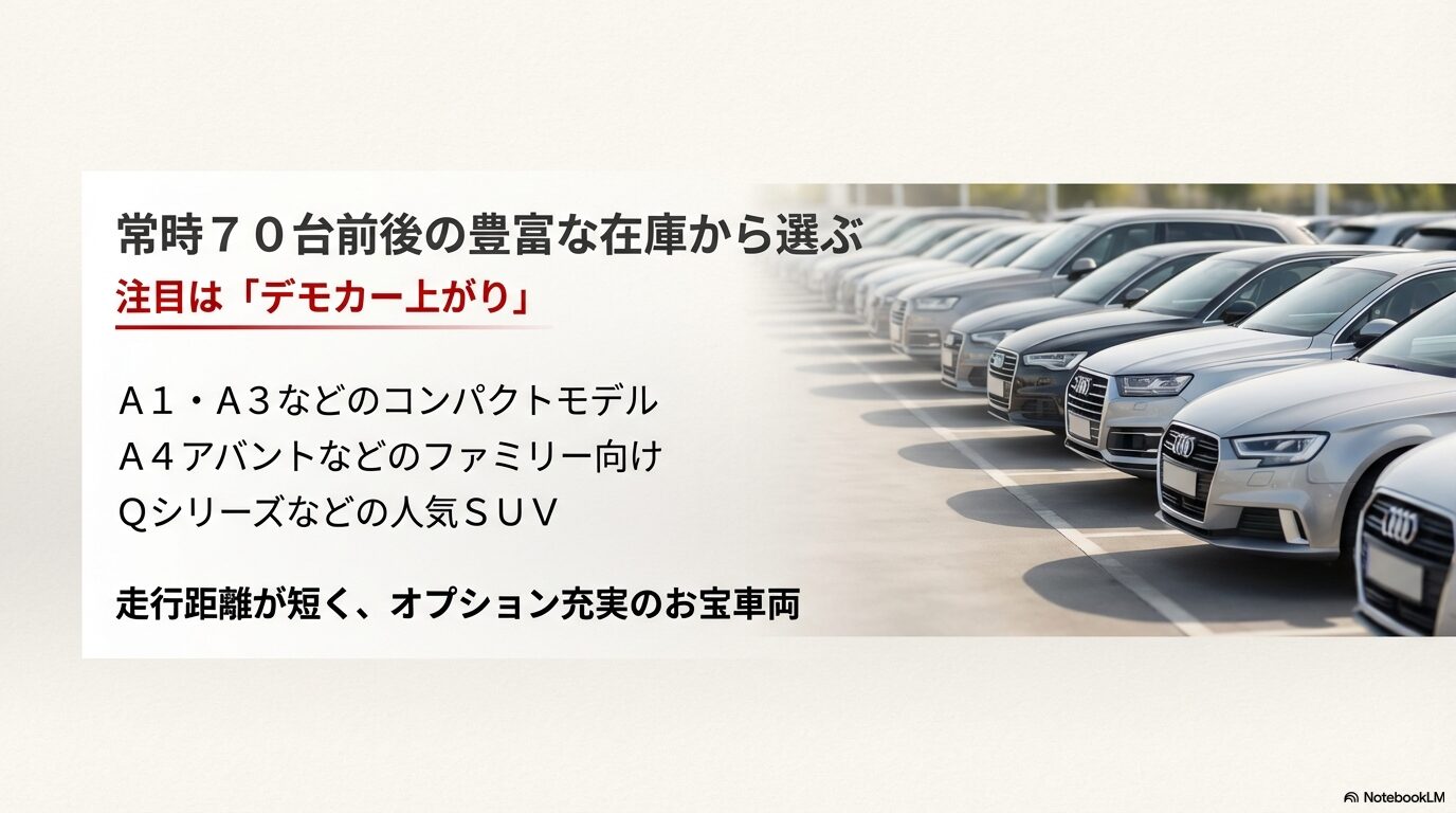 コンパクトモデルからSUVまで常時70台前後の在庫があり、特にデモカー上がりの車両が注目であることを説明するスライド。