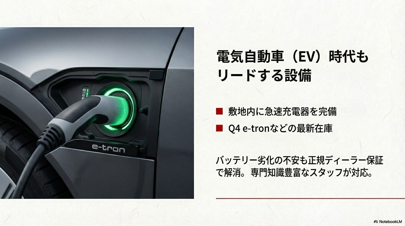 敷地内に急速充電器を完備し、Q4 e-tronなどの最新在庫を取り揃えていることを示すスライド。