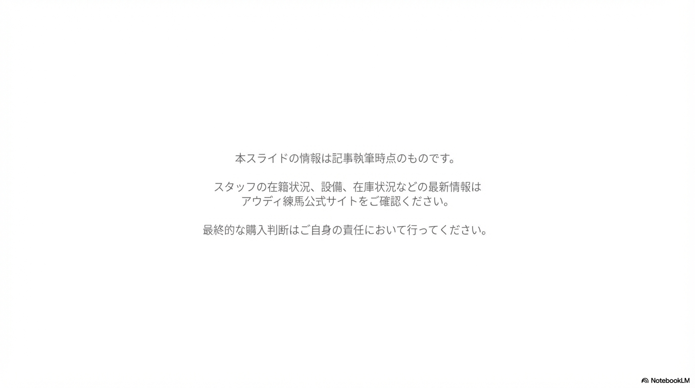 在籍状況や在庫状況の最新情報を公式サイトで確認するよう促す免責事項スライド