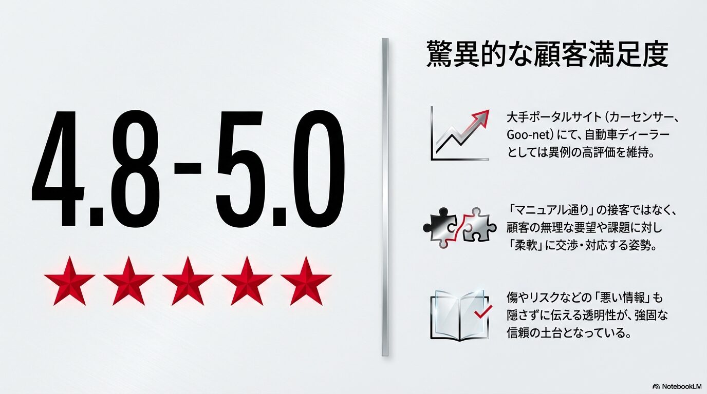 大手ポータルサイトで4.8から5.0の高評価を維持するアウディ練馬の柔軟な接客と透明性の紹介