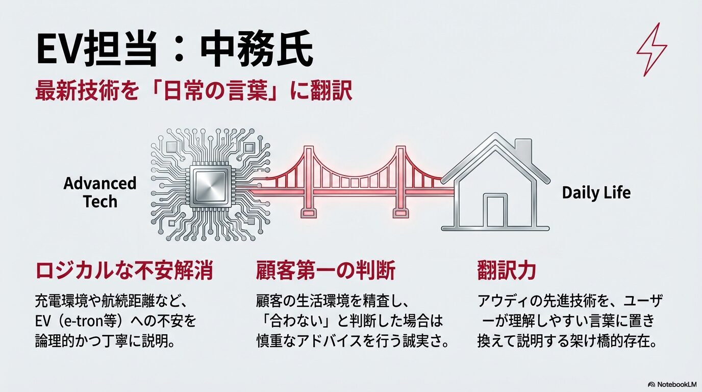 アウディの先進技術を日常の言葉に翻訳し、顧客に誠実なアドバイスを行う中務氏の役割