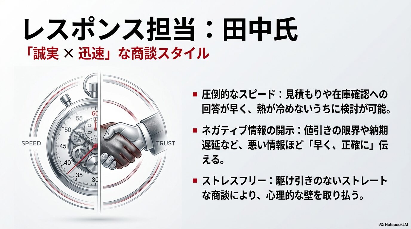 悪い情報ほど早く正確に伝えることで心理的な壁を取り払う田中氏の商談スタイル