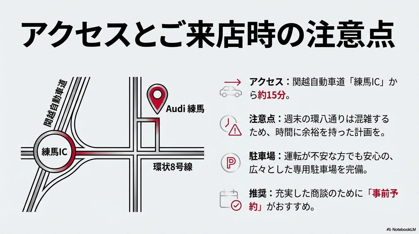 練馬ICからのルート、環状8号線の渋滞注意、および広々とした専用駐車場の案内図