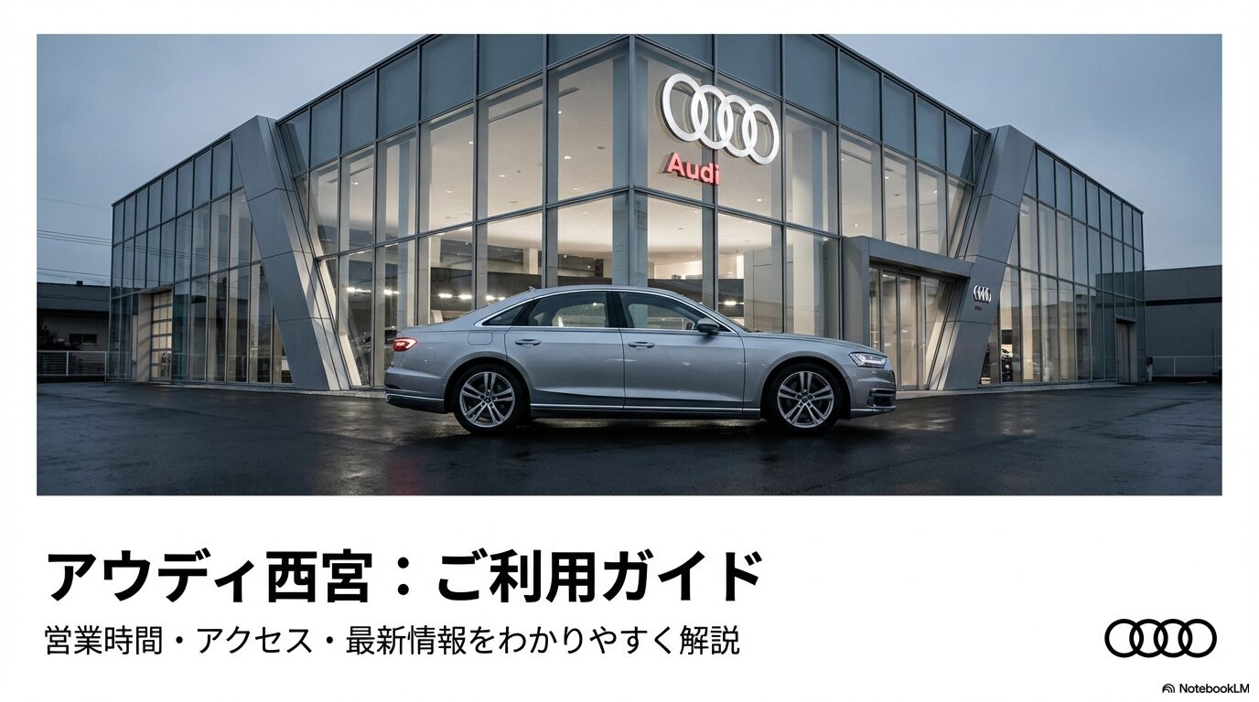 アウディ西宮ショールームの外観写真と、営業時間・アクセス・最新情報を解説するご利用ガイドの表紙スライド。