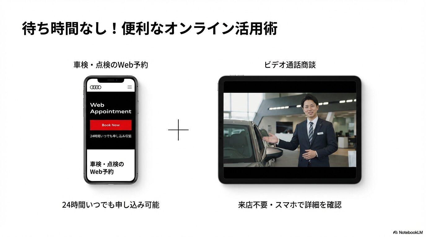 24時間申し込み可能なWeb予約と、来店不要でスマホから詳細を確認できるビデオ通話商談を紹介するスライド。