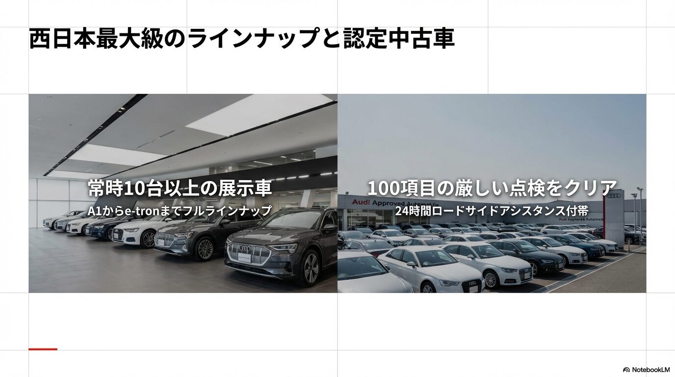 常時10台以上の展示車があるショールームと、100項目の点検・24時間ロードサイドサポートが付帯する認定中古車の紹介スライド。