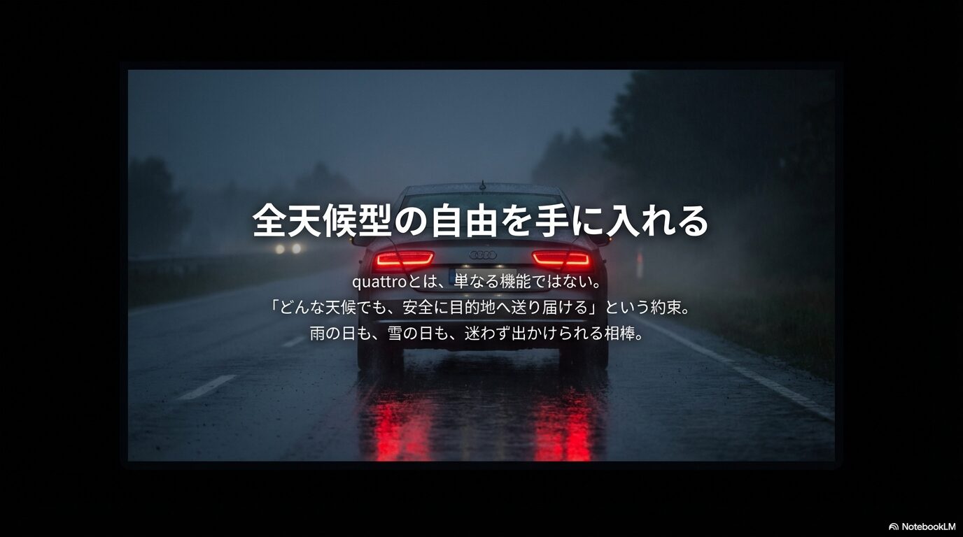 アウディクワトロの意味とは、どんな天候でも目的地へ届ける約束であることを示したまとめ画像