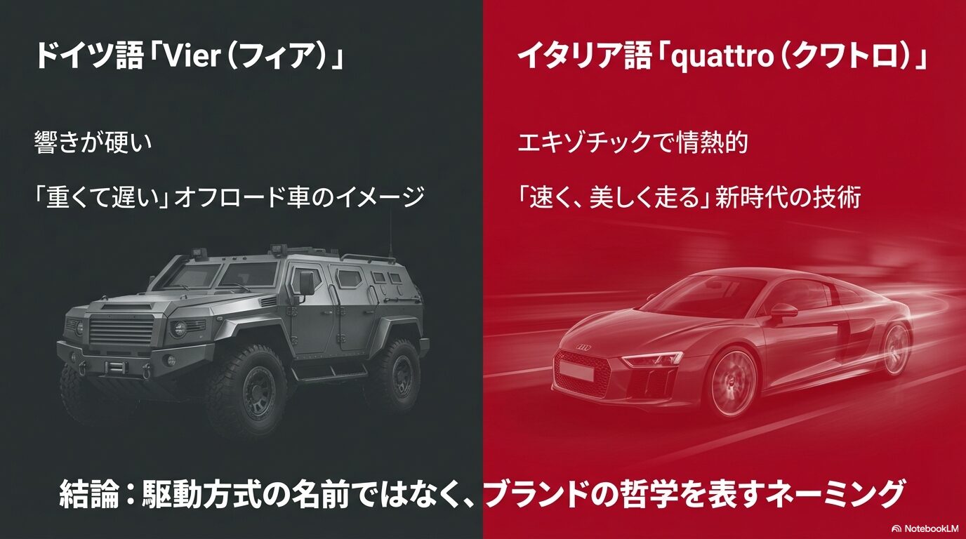 アウディのクワトロという名称の由来。ドイツ語のVierとイタリア語のQuattroのイメージ比較図解