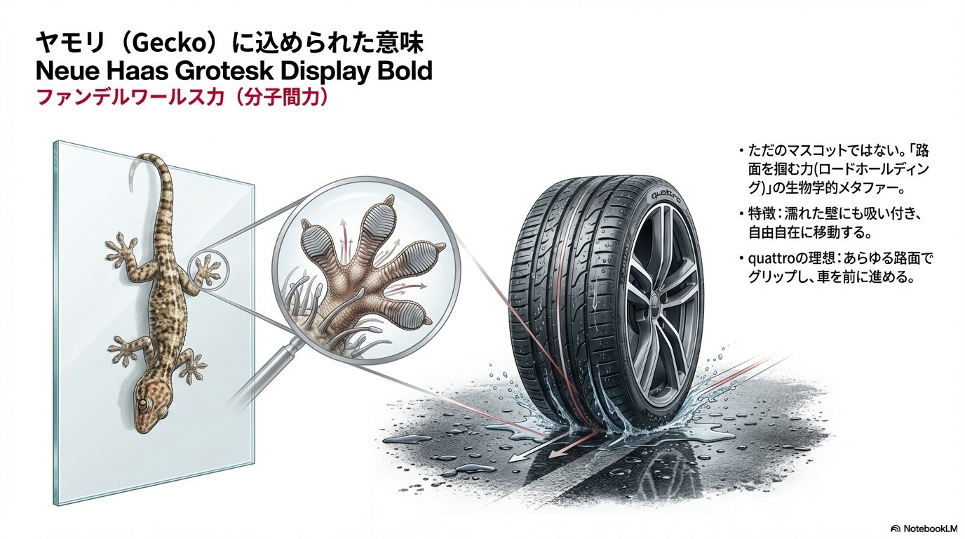 アウディのヤモリマークの意味。壁に張り付く力とクワトロのグリップ力の共通点を解説した図