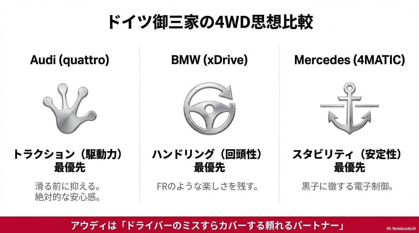 アウディQuattro、BMW xDrive、メルセデス4MATICのそれぞれの特徴と優先順位の違いを比較した図