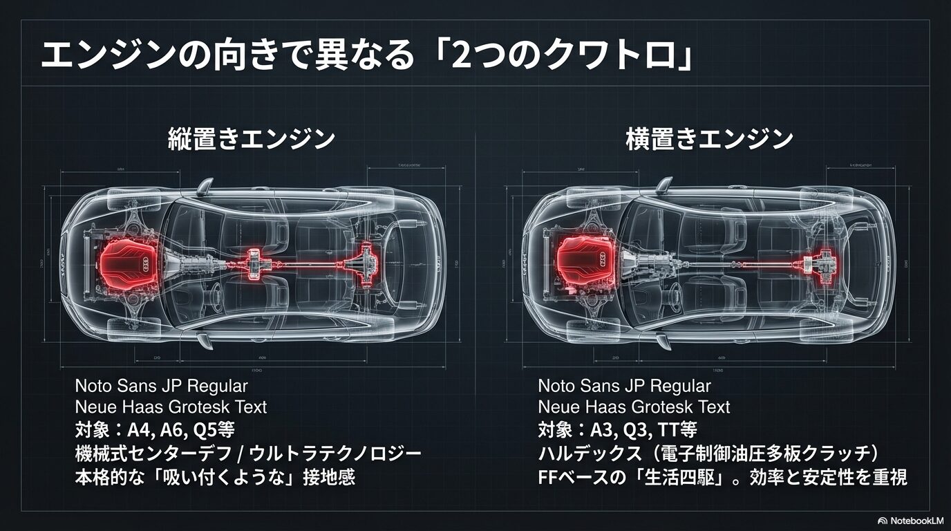 アウディの縦置きエンジン（MLB）と横置きエンジン（MQB）によるクワトロシステムの構造の違い