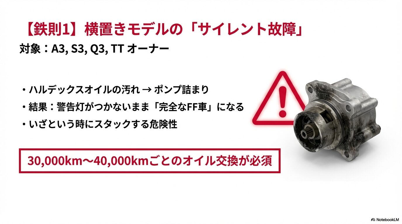 アウディA3やQ3などのハルデックス故障のリスクとオイル交換の必要性を警告するスライド