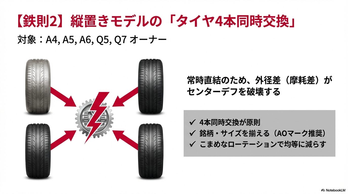アウディクワトロのセンターデフを守るためのタイヤ4本同時交換のルールと注意点