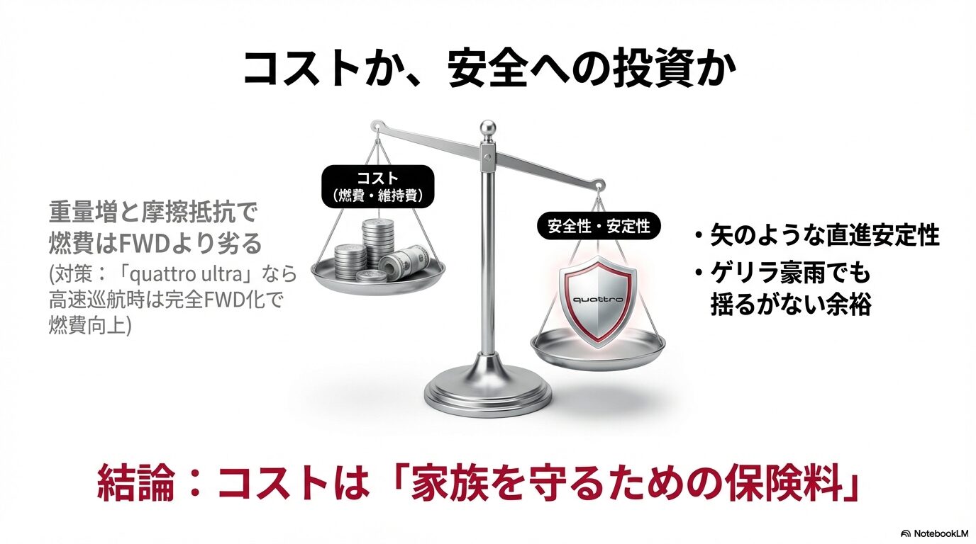アウディクワトロの燃費やコストと、それによって得られる安全性・安定性を比較した天秤の図