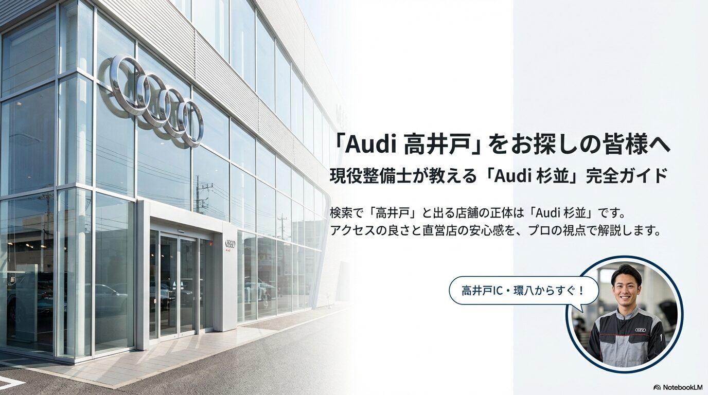 アウディ高井戸を探している方向けのAudi杉並完全ガイドのタイトルスライド。現役整備士が解説。