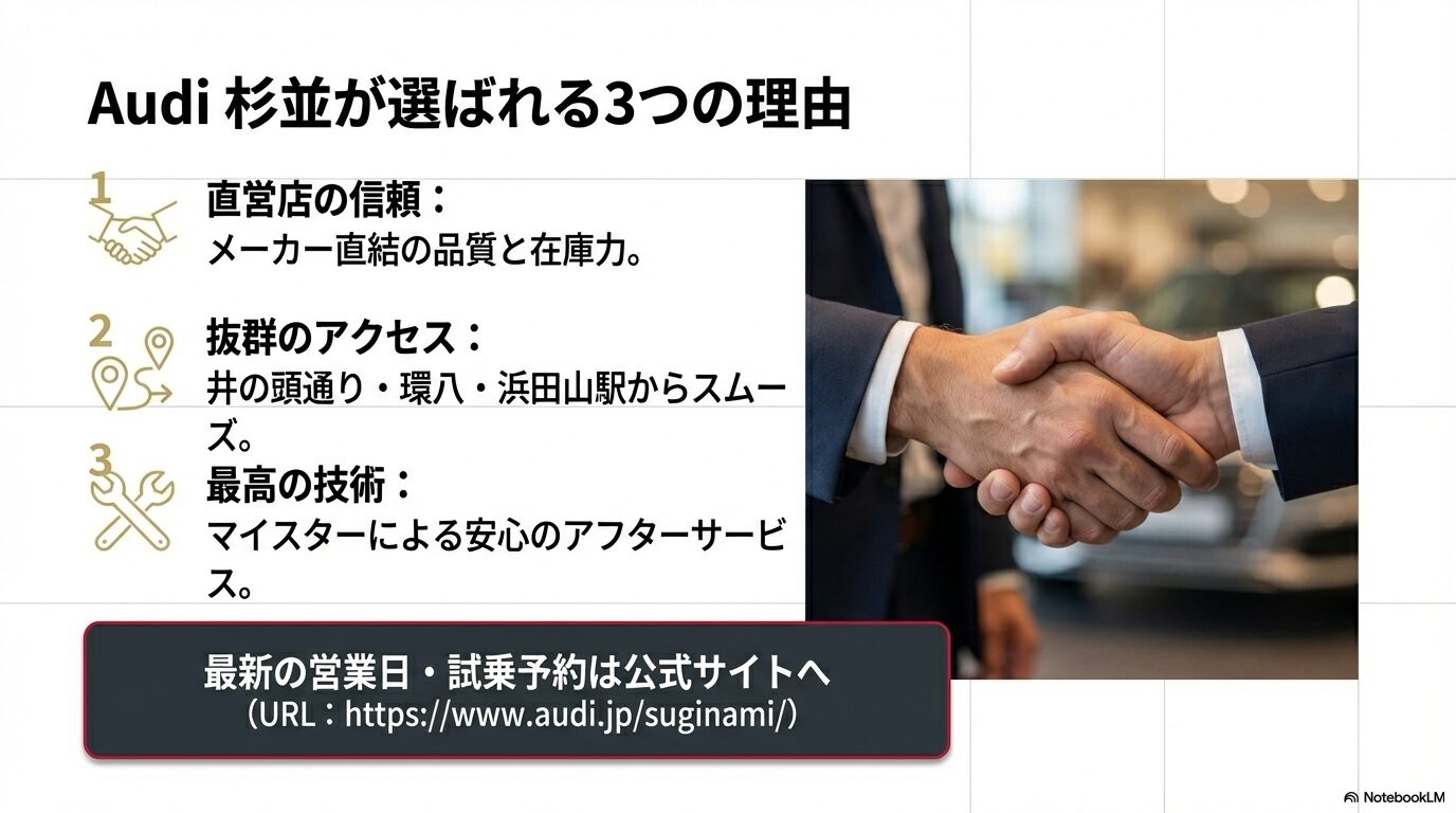 アウディジャパン販売による運営で、メーカーの厳しい基準をクリアした最新技術と豊富な在庫が提供されています 。