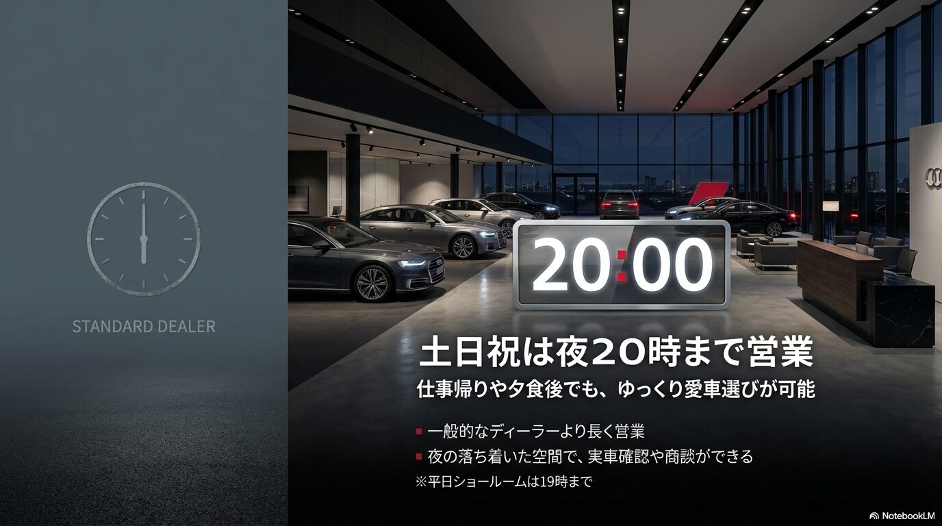アウディ高松のサービス部門受付は18時まで。精密診断のため17時半までの入庫を推奨する注意喚起スライド。