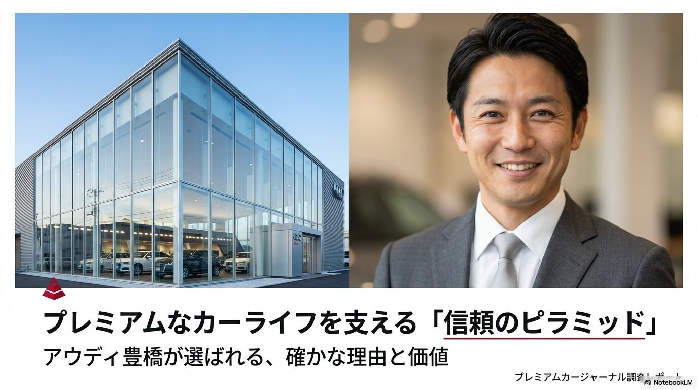 アウディ豊橋の店舗外観とともに、プレミアムなカーライフを支える「信頼のピラミッド」と書かれたプレゼン資料の表紙画像。