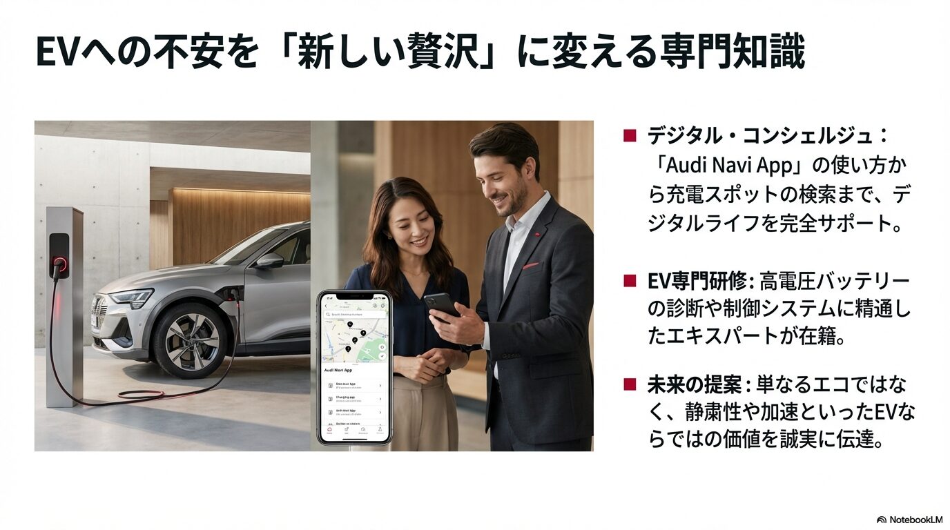 電気自動車の充電シーンとスマートフォンアプリの操作画面、EV専門研修を修了したエキスパートによるサポート内容をまとめたスライド。