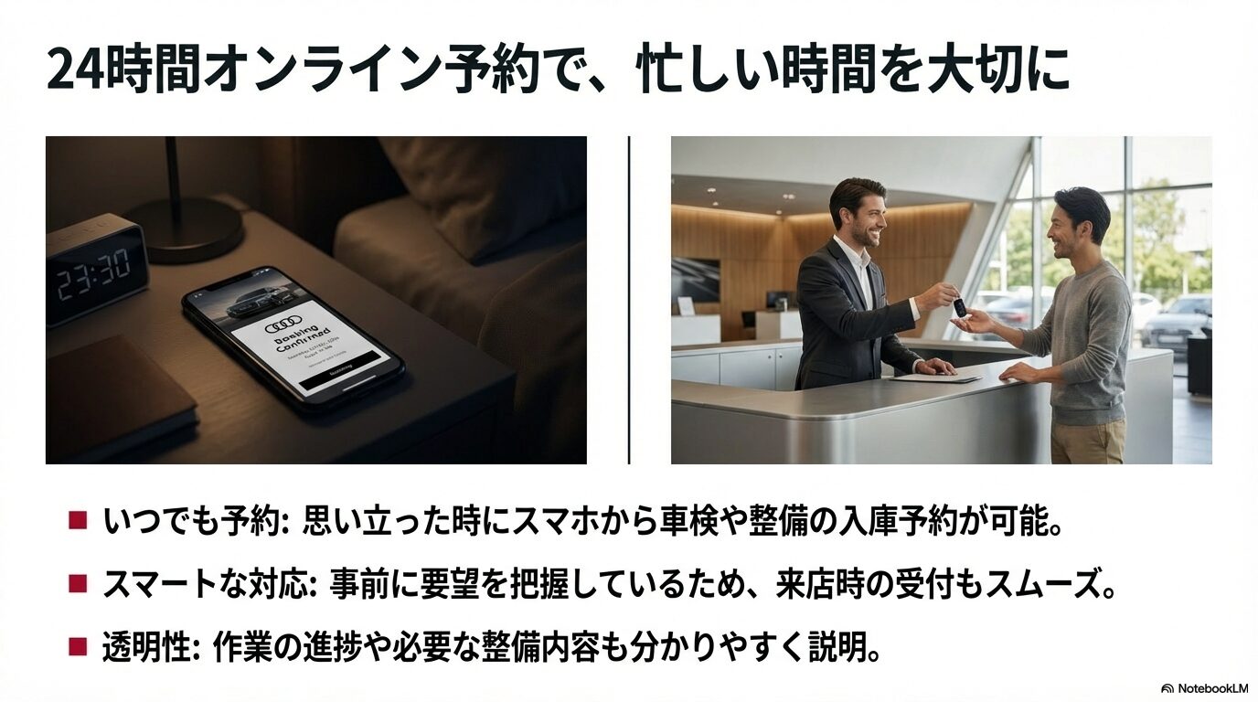 夜間にスマートフォンで予約を完了させるイメージと、来店時のスムーズな受付、作業進捗の透明性を解説したオンラインサービスの紹介スライド。