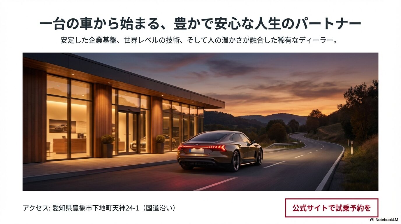 夕景の中を走るアウディの車両と、安定した企業基盤・世界レベルの技術・人の温かさが融合したディーラーであることを伝えるまとめのスライド。