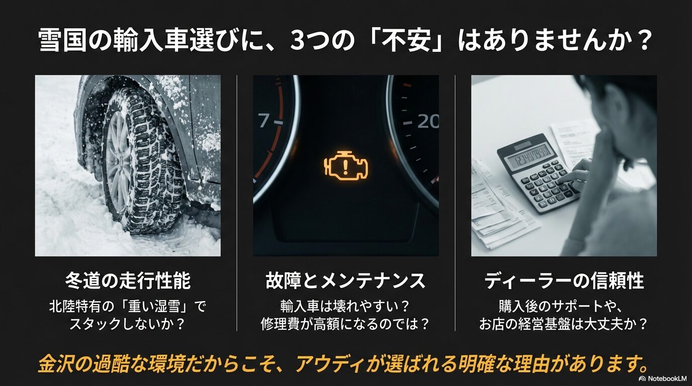 金沢の雪道走行、輸入車の故障メンテナンス、ディーラーの信頼性という3つの不安を提示するスライド画像