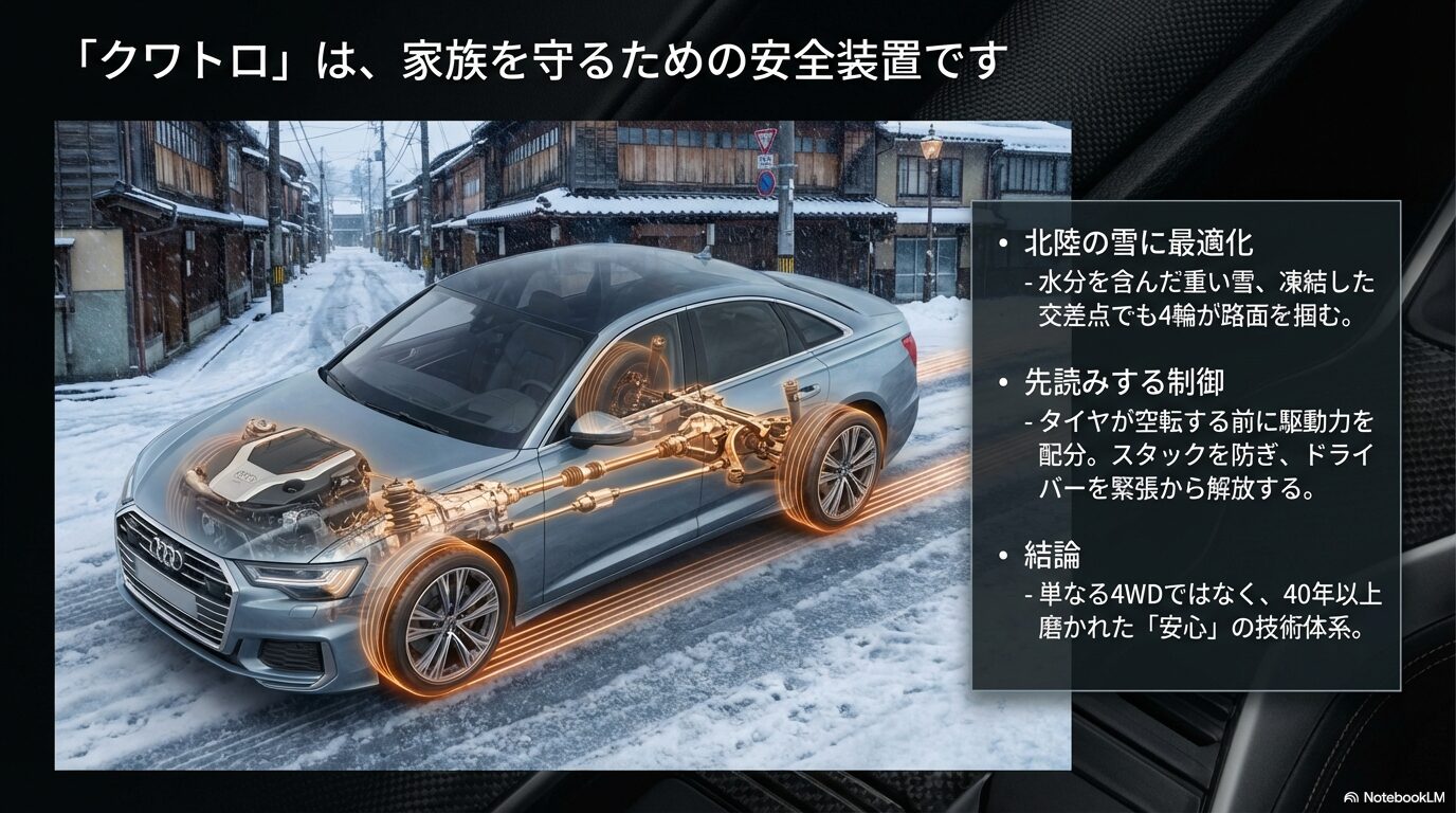 雪道を走行するアウディの車体透過図と、4輪に駆動力を配分するクワトロシステムの解説スライド