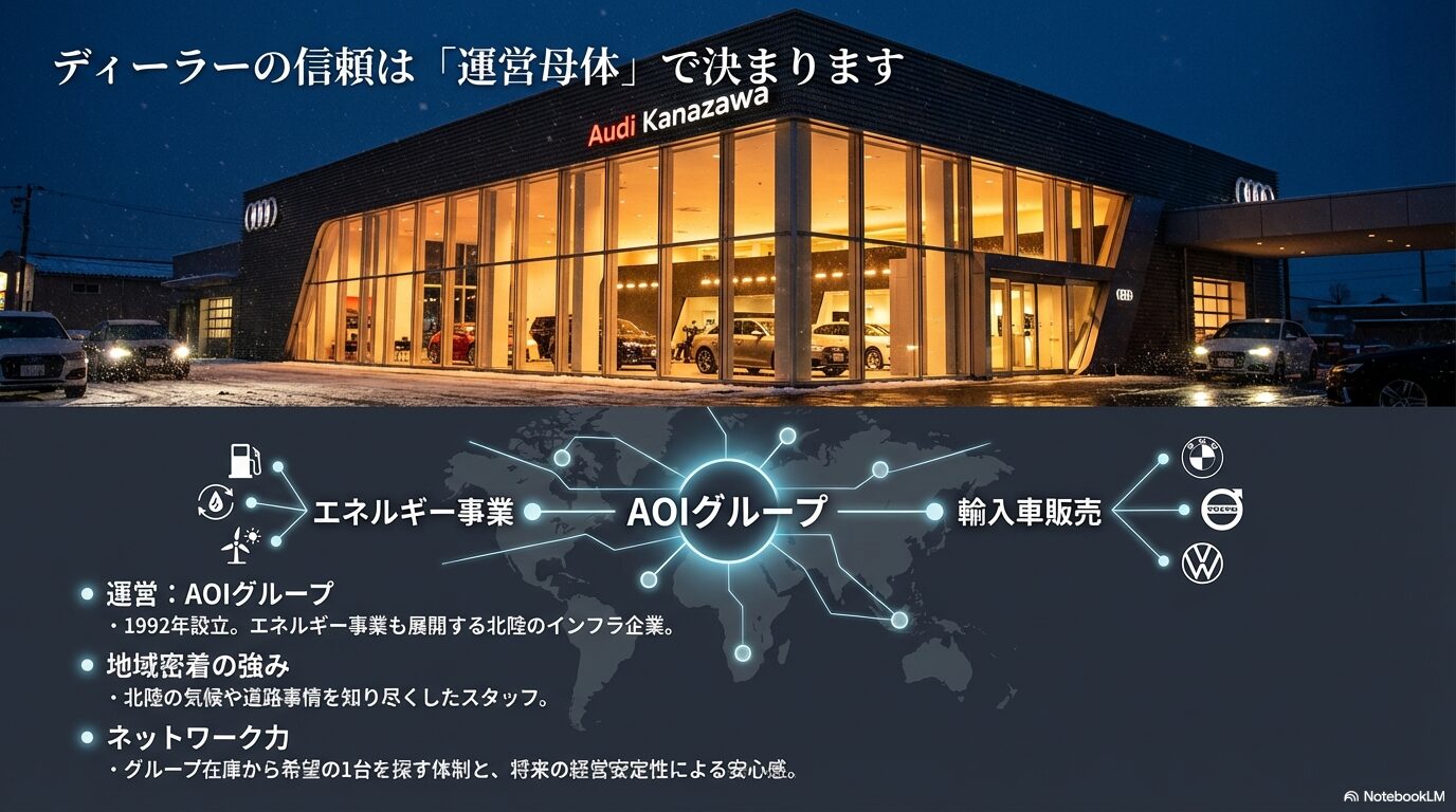 1992年設立の北陸のインフラ企業AOIグループによる安定した運営体制を示す組織図スライド