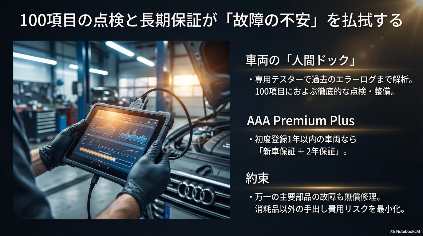 専用テスターを用いた車両診断の様子と、AAA Premium Plusの「新車保証+2年保証」を説明するスライド